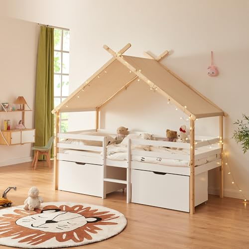[en.casa] Letto Casetta per Bambini in Legno di Pino 90x200 cm con Tettuccio in Tessuto 2 Cassetti Contenitori Scala e Sbarre di Sicurezza Letto Rialzato per Cameretta