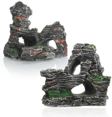 DYHNQE 2Pcs Fish Tank Rockery Decoration, Resin Aquarium Rock Mountain Hiding Cave Ornaments Underwater Landscape Rockery Hideaway Cave Decoration for Fish Tank Decor