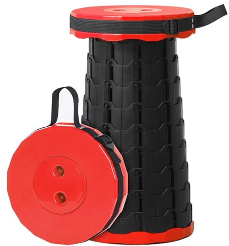 AURIVEE Taburete Plegable Telescópico Portátil con Cojín, para Camping, Pesca, Senderismo, Barbacoa, Ligero y Plegable, Carga 200kg (Negro+Rojo)