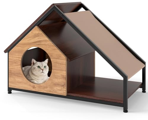 GOPLUS Niche Chat en Bois avec 2 Entrées, 84 x 43 x 59 CM, Maison pour Chat avec Porche Avant et Toit en PVC Amovible et Lavable, Abri Intérieur, Structure en Métal pour Animaux de Compagnie (Naturel)