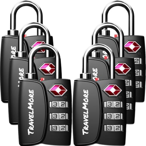 6-Pack TSA Approved 3-Digit Luggage Locks with Open Alert Indicator for Travel Suitcases & Baggage | Luggage Locks | TSA Locks | Black
