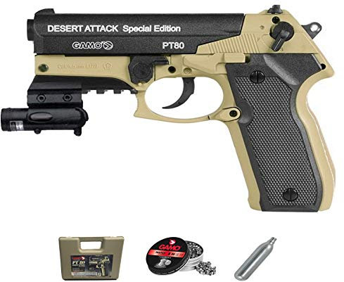 Gamo PT-80 Dessert Atack LÁSER versión | Pistola de Aire comprimido (CO2) y balines (perdigones 4.5mm) + Accesorios. <3,5J