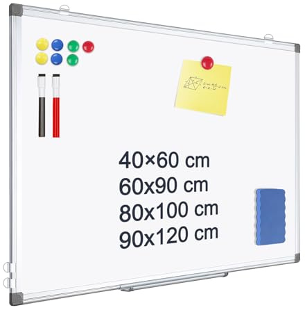 QUEENLINK Magnetic Whiteboard, 40 X 60 cm Dry Erase White Board, Aluminium Frame Writing Board for Home Office School, 2 Markers, 1 Pen Tray