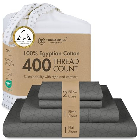 Threadmill Queen Bed Linen Set, 400 Thread Count Egyptian Cotton, Deep Pocket, Cooling Damask Jacquard, Dark Grey, 4 Piece Set