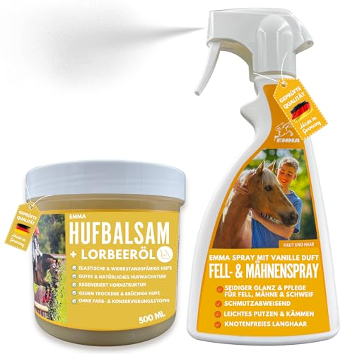 EMMA Pferdepflege-Set Mähnenspray Pferd - Schweifspray für Pferde - Pferdeglanz Spray - Huffett Pferde Hufgel mit Lorbeeröl - Inhalt Putzbox für Pferde Mädchen Geschenk I Putzzeug für Pferde 2x0,5l
