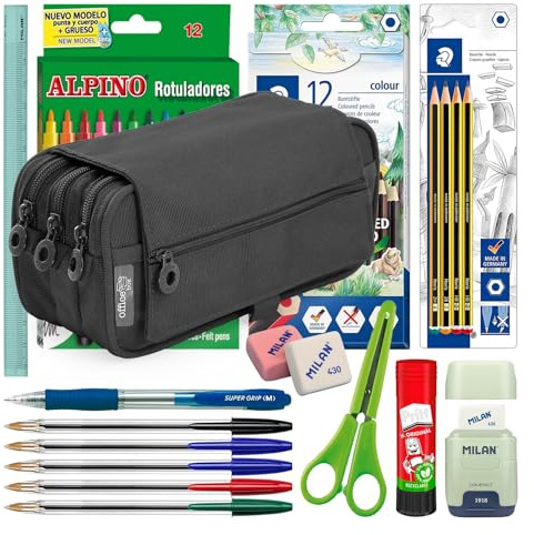 ColePack Set med tre skolmapp med 3 dragkedjor och skolmaterial från toppmärkena ingår (svart)