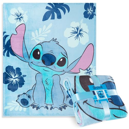 Disney Stitch Fleece Bed Blanket Soft Cosy Bed Throw Bedroom Decor Plush Throw Comforter 150 x 130cm for Bedroom Travel Sleepovers Stitch Gifts (Light Blue Stitch)