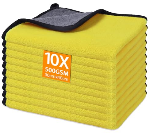 Gucass 10 PCS Chiffon Microfibre Voiture, 500 GSM Chiffons de Polissage en Microfibre, Super Absorbant Chiffon de Nettoyage en Microfibres, pour Voitures et Motos, Nettoyage Domestique, 30x40CM, Jaune