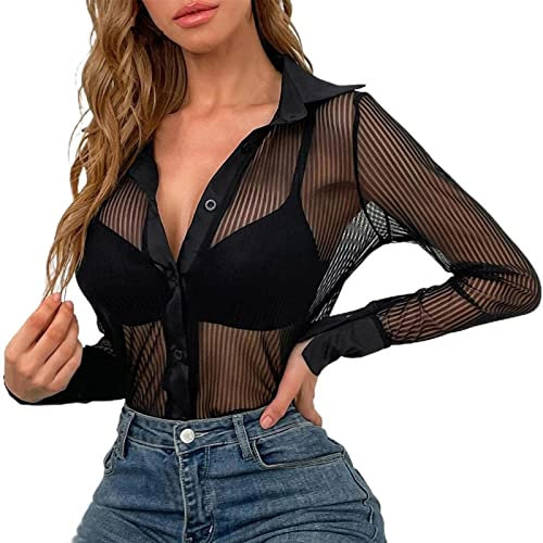 Chemisiers et Blouses Femme Résille, Haut Transparent Noir Sexy-Top Manches Longues Revers T-Shirt Polyvalent Mode avec Boutons la Grâce Tuniques Décontractés Classique Basic Printemps et été