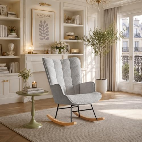 LONELYO Chaise Berçante, Fauteuil à Bascule Rembourré en Tissu Teddy, Fauteuil de Salon avec Assise Rembourrée, Dossier Carré avec Accoudoirs Confortables, Idéal pour Salon et Chambre, Coin Lecture