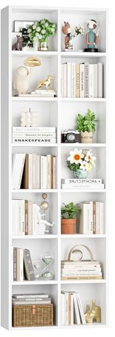 FOTOSOK 71'' Tall Bookshelf with 14 Cubes, 7 Tier Double Wide White Bookshelf with 6 Adjustable Shelves, 19.6 Narrow Bookcase DVD/CD Media Storage, Space Saving Display Shelf Cabinet, White
