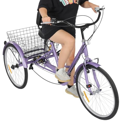 OUKANING Trehjuling för vuxna 24 tum 7 växlar – 3 hjul cykel med inköpskorg upp till 120 kg lastjusterbar höjd vuxen trehjuling tricycle för vuxna och äldre (lila)