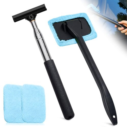 Window Cleaner Tool, Car Windscreen Cleaner Extendable Car Window Squeegee Set with 2 Reusable and Washable Microfiber Pads for Home and Outdoor