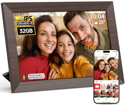 Frameo - Cornice per foto digitale WiFi, 10,1 pollici, 1280 × 800 HD IPS Touch Screen 32 GB di archiviazione a rotazione automatica Cloud Photo Frames Slideshow, condividi foto video in remoto con