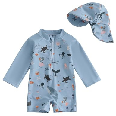 WYTbaby Costume da bagno intero per neonati, a maniche lunghe, con cappello da sole, protezione dai raggi UV, grigio., 6-12 Mesi