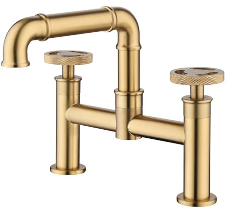 Kitchen Bridge Bath Tap Bathroom Bathtub Mixer Taps 2 Holes Tub Tap Monobloc Bath Filler Mixer Taps Dual Lever Mono Deck Mounted Modern Brushed Gold