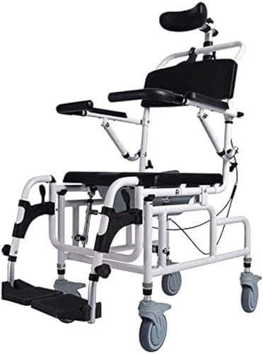 QUANGJN Upgraded Tilt in Space Shower Chair with Reclining Feature Padded Seat Back Armrests Flip Up Arm and Foot Rests Commode Pail Adjustable Headrest Ideal for Shower and Toilet Use
