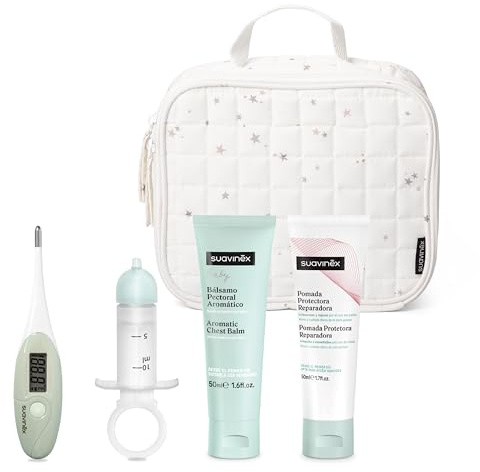 Suavinex, Canastilla - Botiquín para Bebés. Incluye: Termómetro Digital Fiebre + Limpiador Nasal + Bálsamo Pectoral Aromático, 50 ml + Pomada Pañal, 50 ml. Neceser Textil con Cremallera, Blanco