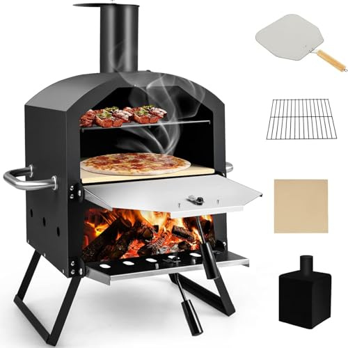 Utomhuspizzaugn, träbränd pizzatillverkare och grill, inkluderar pizzasten, perfekt för matlagning av kött, fisk och grönsaker