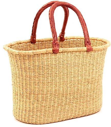 African Market Basket, Large Oval Woven Straw Basket with Handle Fair Trade Storage Organizer