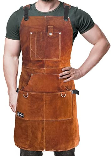 FIGHTECH Leather Welding Work Apron for Men - Heavy Duty with 11 Tool Pockets - Wood Working Shop Apron for Blacksmiths Woodworkers Mechanics Carpenters - Adjustable M-XXL - Gifts (Brown, Leather)