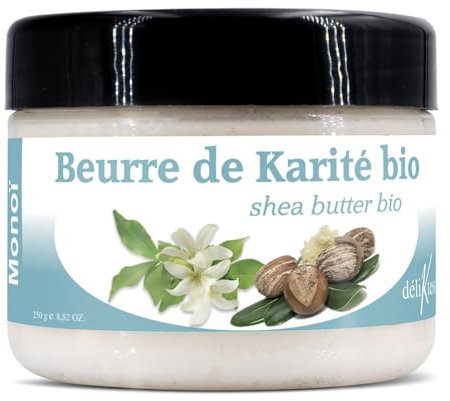 déliktess® - Beurre de Karité bio - parfum Monoï ou Orange douce - 250 g - fabriqué en france - Hydratation et protection - visage corps cheveux (Monoï)