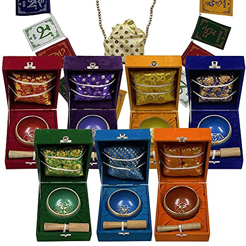 Chakra Singing Bowls Set Cuencos Tibetanos With Cushion Mallet Tulsi Beads Mala Tibetan Prayer Flag For Meditation Mindfulness - Style2 Size Medium