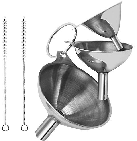 maxin, imbuti in acciaio inox, 3 pezzi, imbuto in metallo, piccoli imbuti per cucina, bottiglie di liquidi, olio essenziale, polveri, spezie, fiaschetta, profumo, con 2 spazzole per la pulizia
