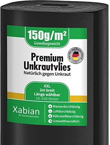Xabian Anti Unkrautvlies 150g/m² Gartenvlies extra breit 2m x 10m = 20m² Premium Unkrautfolie wasserdurchlässig, Unkrautflies extrem reißfest & hohe UV-Stabilisierung
