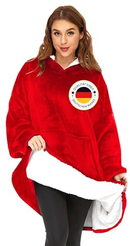 KolnAix Hoodie Decke Rot, Oversize Pullover Damen und Herren, Flauschiger Kuschelpullover mit Kapuze und Ärmeln, Geschenke für Frauen, Deckenpullover für kalte Winterabende, Blanket Hoodie XXL (Rot)