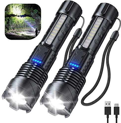 Cinlinso Flashlight High Lumens Rechargeable 2 Pack, 90000 Lumen Super Bright Led Flashlights with 7 Light Modes, IPX6 Waterproof, Powerful Handheld Flash Light for Camping Home Emergencies
