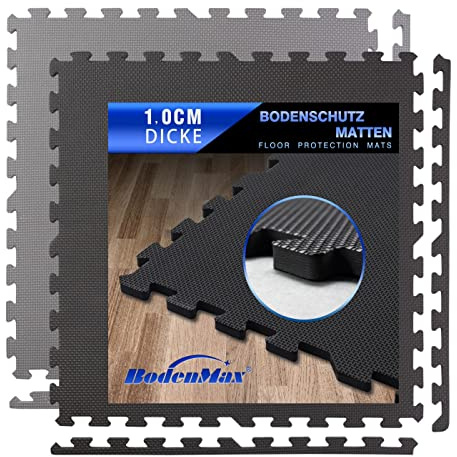 Bodenschutzmatte 60x60x1cm – Eva Puzzlematte für Fitness, Heimtraining & Pool – strukturierte Oberfläche, stoßdämpfend – 12/48 Teile – Sportmatte, Turnmatte, Unterlegmatte Grau & Schwarz