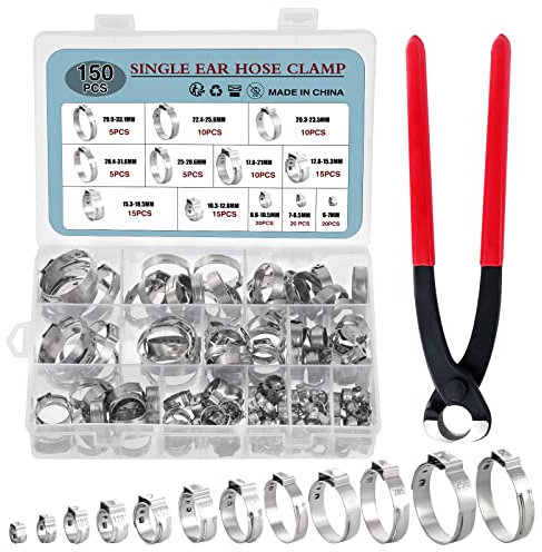 HSEAMALL 150PCS Edelstahl Einohr-Schlauchschellen mit Schlauchklemmzange, 12 Größen 6-33 mm Rohr-Schlauchschelle Kraftstoffleitung Clip