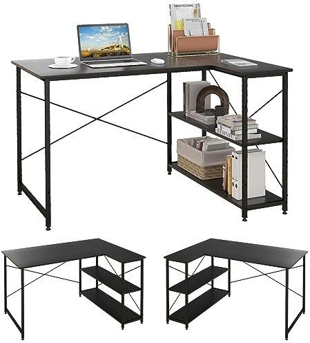 COSTWAY Skrivbord, L-form, datorbord med hylla höger eller vänster, hörnskrivbord med förvaringsfack, hörnbord, skrivbord för hemmakontor, små utrymmen, 120 x 88 x 74,5 cm (svart)