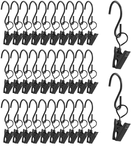 30 Stück Vorhang Clips mit S Haken Gardinenklammern, Metall Hängende Vorhang Clips für Aufhängen von Vorhängen, Duschvorhang, Fotos, Papier Bürobedarf, Home oder Festival Dekoration (Schwarz)