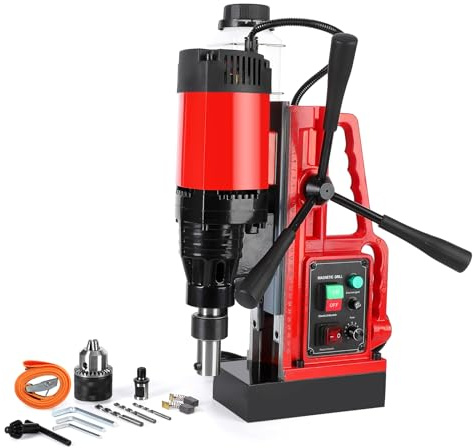 GARVEE Magnetic Drill Press, 1550W 500RPM Portable Mag Drill Press, 10-Speed Core Drilling Machine for Metal Working, 3Pcs Drill Bits, Red
