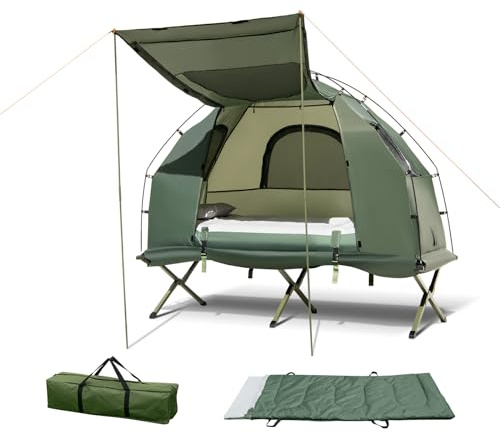 GOPLUS 5-en-1 Lit de Camping Pliant 1 Personne Adultes, Tente Pliante avec Auvent, Tente Surélevée Portable avec Matelas Oreiller Pneumatique et Sac de Couchage(87x194x167CM-Simple,Vert)