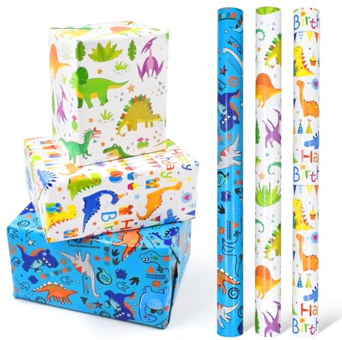 3 Rollen 43 cm x 3 m Dinosaurier Geschenkpapier, wiederverwendbares Happy Birthday Geschenkpapier für Geburtstags geschenkpapier