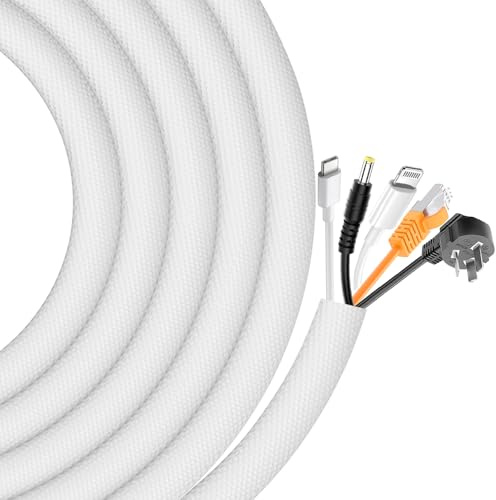 13 mm – 4 m självstängande kabelslang, vit flexibel kabelkanal, kabelhantering, vävd kabelkappa för hund katt, kabelskydd, kan skäras till storlek för TV, dator, skrivbord, bilkabel
