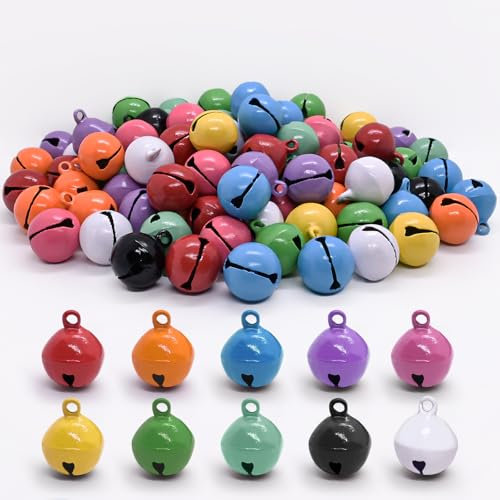 Furuising 100 Stück Glöckchen zum Basteln 14mm, Bunt Kleine Glöckchen, Glocken zum Basteln mit Löchern, Kleine Schellen Glöckchen, Glöckchen Anhänger Weihnachten für DIY Schmuck Weihnachten Haustier