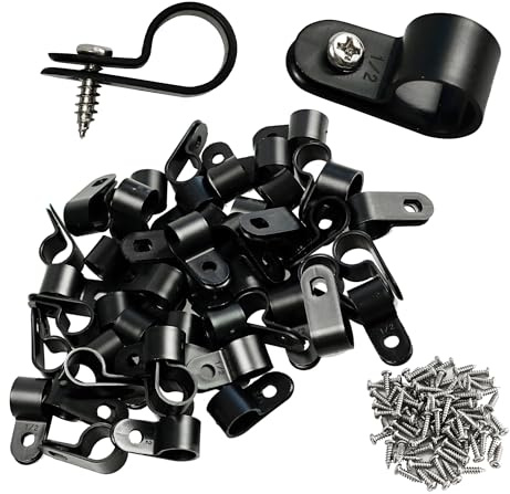 Runseaway 50PCS 1/2 Inch P-Style Rope Light Mounting Clips with Stainless Steel Screws, Black Plastic Cable Clips for Wire Management, Perfect for Indoor and Outdoor String Lights