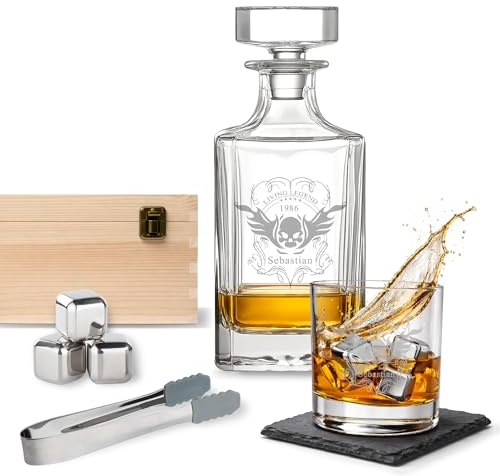 LOOXIS Personalisiertes Whisky Geschenkset mit Namen & Motiv graviert -1x 300ml Whiskyglas, 700ml Karaffe, 1x Edelstahleiswürfel- Geschenkidee Männer, Vatertag, Weihnachten - Geschenkset 1, Motiv 2