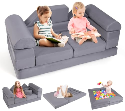 COSTWAY Divano Modulare per Bambini, 9 Pezzi, Divano Letto per Bambini in Schiuma con Tessuto Suede, Coperture Lavabili, Divano Convertibile per Stanze da Gioco, Camere da Letto, Soggiorno (Grigio)