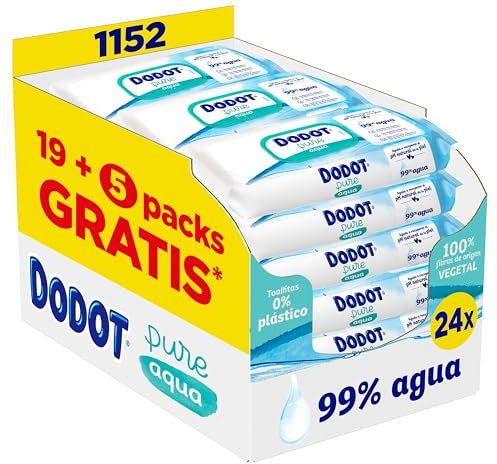 Dodot Toallitas Pure Aqua Para Bebé,1152 Toallitas (24 Packs de 48 Unidades),Ayuda A Restaurar El PH Natural De La Piel, 99% Agua, Sin plástico