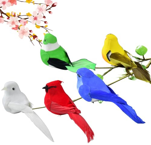 Pajaros Decorativos,5 Piezas Pájaros de Plumas de Espuma Artificial con Clips,Pájaros Artificiales con Plumas para Manualidades DIY Decoración Jardín de Casa Adorno de Fiesta