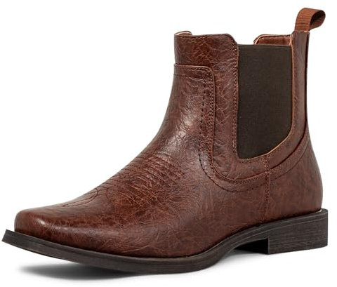 J's.o.l.e Ankle Cowboy Boots for Men Square Toe Chelsea Boots Mens Casual Retro Stylish Boots Dark Brown US 9