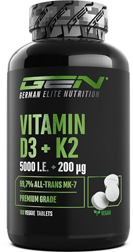 Vitamina D3 + K2 Depot - 180 tabletas con 5000 UI de D3 + 200 mcg de K2 (MK7) - calidad prémium: K2VITAL® de Kappa - 99,7% All-Trans K2-MK7 - vegano, alta dosificación, sin aditivos innecesarios