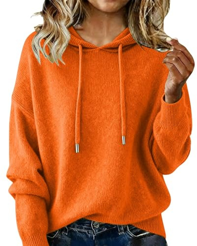 Mysig kashmirtröja för kvinnor, stickad huva, vinter, oversize, lätt med dragsko, apelsin, XL