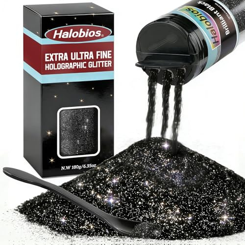 Halobios Extra Fine Glitters, Holographic Iridescent Black, 180g (6.35oz) Ultra Fine Glitter Powder for Hair, Body, Nails, Arts, DIY Crafts Decoration