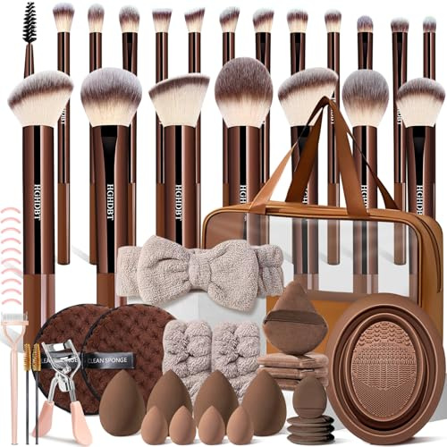 HGHDBT 57Pcs Brown Makeup Brushes Set Professional with Case Premium Synthetic for Foundation Concealer Blush Eye Shadow Powder Eye & Face Make up Brush Kit with Beauty Blender Sponge Set Tools